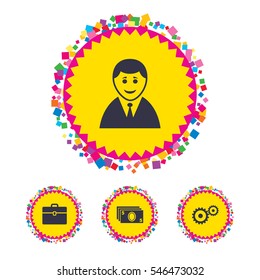 Web buttons with confetti pieces. Businessman icons. Human silhouette and cash money signs. Case and gear symbols. Bright stylish design. Vector