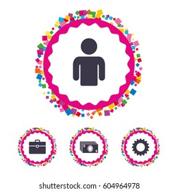 Web buttons with confetti pieces. Businessman icons. Human silhouette and cash money signs. Case and gear symbols. Bright stylish design. Vector