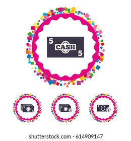 Web buttons with confetti pieces. Businessman case icons. Currency with coins sign symbols. Bright stylish design. Vector