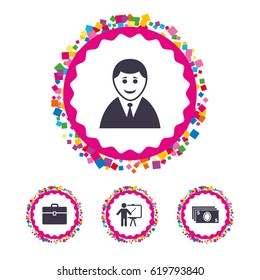 Web buttons with confetti pieces. Businessman icons. Human silhouette and cash money signs. Case and presentation symbols. Bright stylish design. Vector