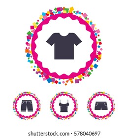 Web buttons with confetti pieces. Clothes icons. T-shirt and bermuda shorts signs. Swimming trunks symbol. Bright stylish design. Vector