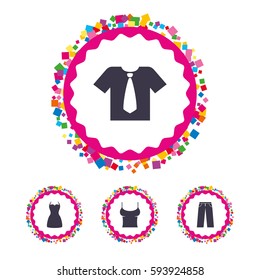 Web buttons with confetti pieces. Clothes icons. T-shirt with business tie and pants signs. Women dress symbol. Bright stylish design. Vector