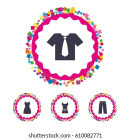 Web buttons with confetti pieces. Clothes icons. T-shirt with business tie and pants signs. Women dress symbol. Bright stylish design. Vector