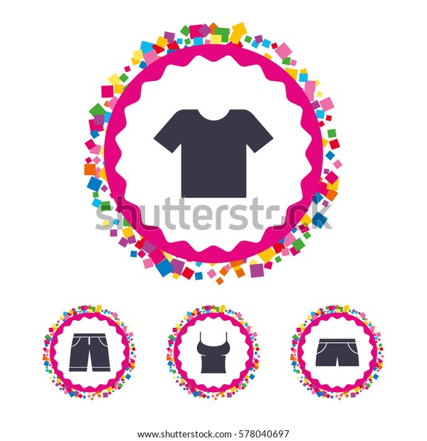 Web buttons with confetti pieces. Clothes icons.\
T-shirt and bermuda shorts signs. Swimming trunks symbol. Bright\
stylish design. Vector