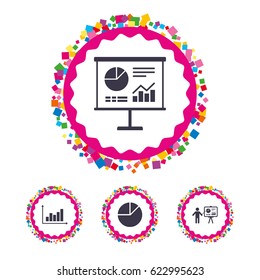 Web buttons with confetti pieces. Diagram graph Pie chart icon. Presentation billboard symbol. Supply and demand. Man standing with pointer. Bright stylish design. Vector