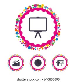 Web buttons with confetti pieces. Diagram graph Pie chart icon. Presentation billboard symbol. Man standing with pointer sign. Bright stylish design. Vector