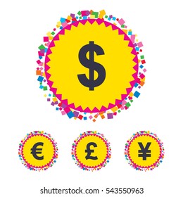 Web buttons with confetti pieces. Dollar, Euro, Pound and Yen currency icons. USD, EUR, GBP and JPY money sign symbols. Bright stylish design. Vector