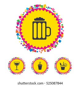 Web buttons with confetti pieces. Drinks icons. Take away coffee cup and glass of beer symbols. Wine glass and cocktail signs. Bright stylish design. Vector