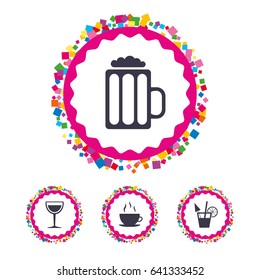 Web buttons with confetti pieces. Drinks icons. Coffee cup and glass of beer symbols. Wine glass and cocktail signs. Bright stylish design. Vector