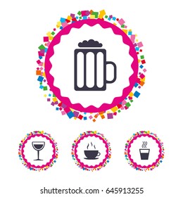 Web buttons with confetti pieces. Drinks icons. Coffee cup and glass of beer symbols. Wine glass sign. Bright stylish design. Vector