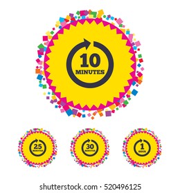 Web buttons with confetti pieces. Every 10, 25, 30 minutes and 1 hour icons. Full rotation arrow symbols. Iterative process signs. Bright stylish design. Vector