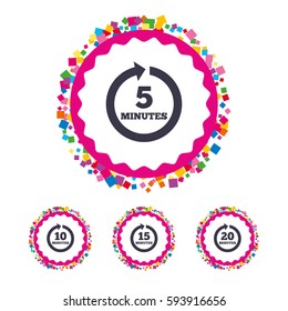 Web buttons with confetti pieces. Every 5, 10, 15 and 20 minutes icons. Full rotation arrow symbols. Iterative process signs. Bright stylish design. Vector