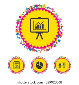 Web buttons with confetti pieces. File document with diagram. Pie chart icon. Presentation billboard symbol. Supply and demand. Bright stylish design. Vector