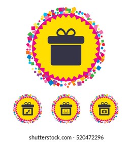 Web buttons with confetti pieces. Gift box sign icons. Present with bow symbols. Photo camera sign. Woman shoes. Bright stylish design. Vector