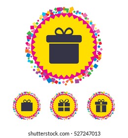 Web buttons with confetti pieces. Gift box sign icons. Present with bow and ribbons sign symbols. Bright stylish design. Vector