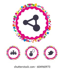 Web buttons with confetti pieces. Group of people and share icons. Speech bubble symbols. Communication signs. Bright stylish design. Vector