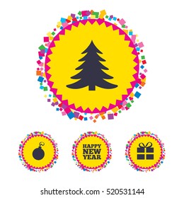 Web buttons with confetti pieces. Happy new year icon. Christmas tree and gift box sign symbols. Bright stylish design. Vector