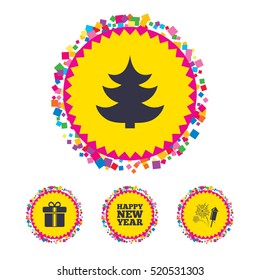 Web buttons with confetti pieces. Happy new year icon. Christmas tree and gift box signs. Fireworks rocket symbol. Bright stylish design. Vector