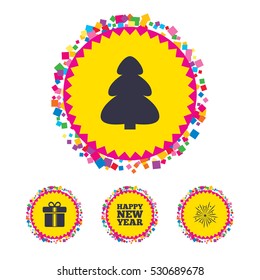 Web buttons with confetti pieces. Happy new year icon. Christmas tree and gift box signs. Fireworks explosive symbol. Bright stylish design. Vector