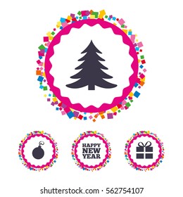 Web buttons with confetti pieces. Happy new year icon. Christmas tree and gift box sign symbols. Bright stylish design. Vector