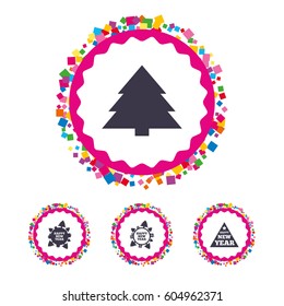 Web buttons with confetti pieces. Happy new year icon. Christmas trees signs. World globe symbol. Bright stylish design. Vector