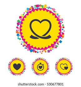 Web buttons with confetti pieces. Heart ribbon icon. Timer stopwatch symbol. Love and Heartbeat palpitation signs. Bright stylish design. Vector