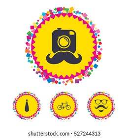 Web buttons with confetti pieces. Hipster photo camera. Mustache with beard icon. Glasses and tie symbols. Bicycle family vehicle sign. Bright stylish design. Vector