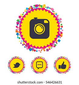 Web buttons with confetti pieces. Hipster photo camera icon. Like and Chat speech bubble sign. Hand thumb up. Bird symbol. Bright stylish design. Vector