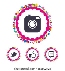 Web buttons with confetti pieces. Hipster photo camera icon. Like and Chat speech bubble sign. Hand thumb up. Bird symbol. Bright stylish design. Vector
