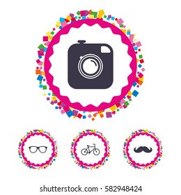 Web buttons with confetti pieces. Hipster photo camera with mustache icon. Glasses symbol. Bicycle family vehicle sign. Bright stylish design. Vector