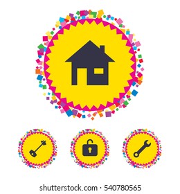 Web buttons with confetti pieces. Home key icon. Wrench service tool symbol. Locker sign. Main page web navigation. Bright stylish design. Vector
