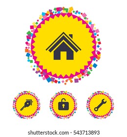 Web buttons with confetti pieces. Home key icon. Wrench service tool symbol. Locker sign. Main page web navigation. Bright stylish design. Vector