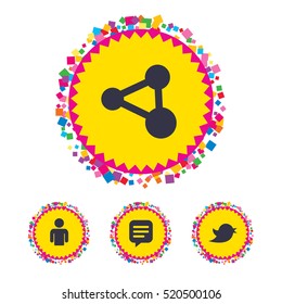 Web buttons with confetti pieces. Human person and share icons. Speech bubble symbols. Communication signs. Bright stylish design. Vector