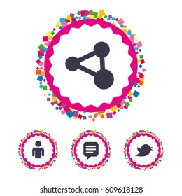 Web buttons with confetti pieces. Human person and share icons. Speech bubble symbols. Communication signs. Bright stylish design. Vector