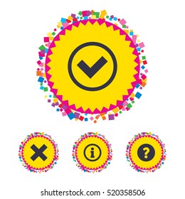 Web buttons with confetti pieces. Information icons. Delete and question FAQ mark signs. Approved check mark symbol. Bright stylish design. Vector