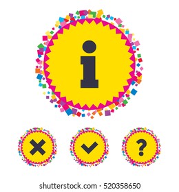 Web buttons with confetti pieces. Information icons. Delete and question FAQ mark signs. Approved check mark symbol. Bright stylish design. Vector
