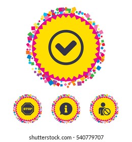 Web buttons with confetti pieces. Information icons. Stop prohibition and user blacklist signs. Approved check mark symbol. Bright stylish design. Vector