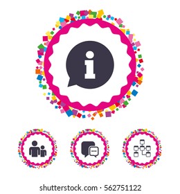 Web buttons with confetti pieces. Information sign. Group of people and database symbols. Chat speech bubbles sign. Communication icons. Bright stylish design. Vector