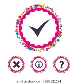 Web buttons with confetti pieces. Information icons. Delete and question FAQ mark signs. Approved check mark symbol. Bright stylish design. Vector