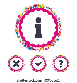 Web buttons with confetti pieces. Information icons. Delete and question FAQ mark signs. Approved check mark symbol. Bright stylish design. Vector