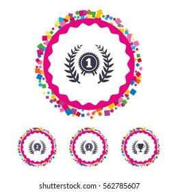 Web buttons with confetti pieces. Laurel wreath award icons. Prize cup for winner signs. First, second and third place medals symbols. Bright stylish design. Vector