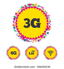 Web buttons with confetti pieces. Mobile telecommunications icons. 3G, 4G and LTE technology symbols. Wi-fi Wireless and Long-Term evolution signs. Bright stylish design. Vector