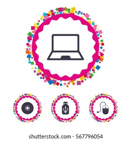 Web buttons with confetti pieces. Notebook pc and Usb flash drive stick icons. Computer mouse and CD or DVD sign symbols. Bright stylish design. Vector