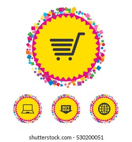 Web buttons with confetti pieces. Online shopping icons. Notebook pc, shopping cart, buy now arrow and internet signs. WWW globe symbol. Bright stylish design. Vector