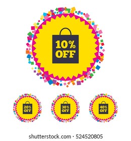 Web buttons with confetti pieces. Sale bag tag icons. Discount special offer symbols. 10%, 20%, 30% and 40% percent off signs. Bright stylish design. Vector