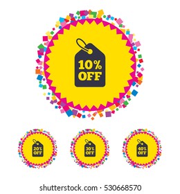 Web buttons with confetti pieces. Sale price tag icons. Discount special offer symbols. 10%, 20%, 30% and 40% percent off signs. Bright stylish design. Vector