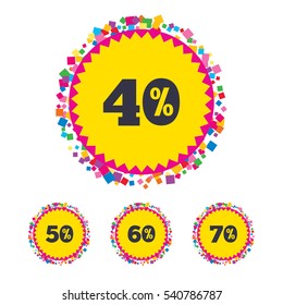 Web buttons with confetti pieces. Sale discount icons. Special offer price signs. 40, 50, 60 and 70 percent off reduction symbols. Bright stylish design. Vector