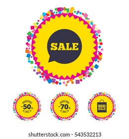 Web buttons with confetti pieces. Sale speech bubble icon. 50% and 70% percent discount symbols. Big sale shopping bag sign. Bright stylish design. Vector