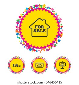 Web buttons with confetti pieces. For sale icons. Real estate selling signs. Home house symbol. Bright stylish design. Vector