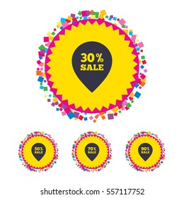 Web buttons with confetti pieces. Sale pointer tag icons. Discount special offer symbols. 30%, 50%, 70% and 90% percent sale signs. Bright stylish design. Vector